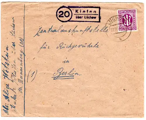 1945, Landpost Stpl. 20 KIEFEN über Lüchow auf Brief m. 12 Pf. 