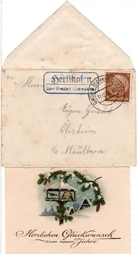 DR 1934, Landpost Stpl. HERLIKOFEN über Gmünd auf kl. Brief m. 3 Pf. 