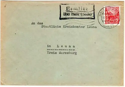 DDR 1958, Landpost Stpl. ERMLITZ über Halle auf Brief m. 20 Pf.