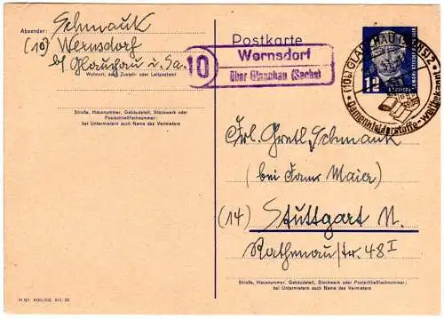DDR 1951, Landpost Stpl. 10 WERNSDORF über Glauchau auf 12 Pf. Ganzsache