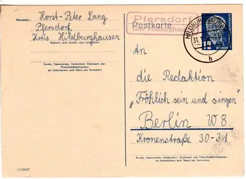DDR 1955, Landpost Stpl. PFERSDORF über Hildburghausen auf 12 Pf. Ganzsache