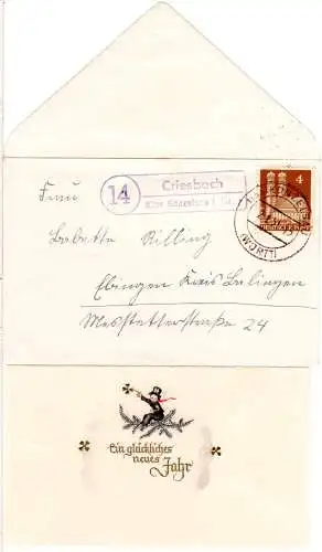 BRD 1951, Landpost Stpl. 14 CRIESBACH über Künzelsau auf kl. Brief m. 4 Pf. 