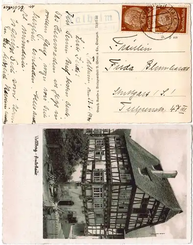 DR 1941, Landpost Stpl. TALHEIM über Schwäbisch Hall auf Vellberg AK m. 2x3 Pf. 