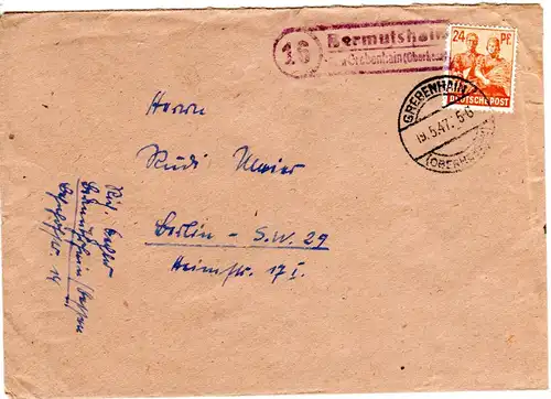 1945, Landpost Stpl. 16 BERMUTSHAIN über Grebenhain auf Brief m. 24 Pf. 