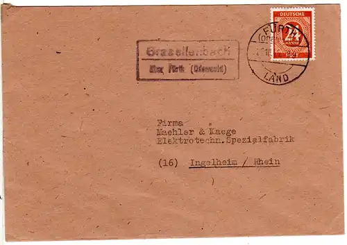 1945, Landpost Stpl. GRASELLENBACH über Fürth (Odenwald) auf Brief m. 24 Pf. 