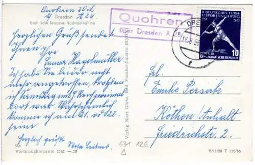 DDR 1956, Landpost Stpl. QUOHREN über Dresden A28 auf Karte m. 10 Pf. 