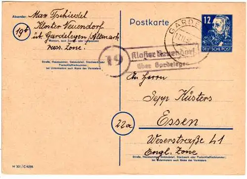 DDR 1950, Landpost Stpl. KLOSTER NEUENDORF über Gardelegen auf 12 Pf. Ganzsache