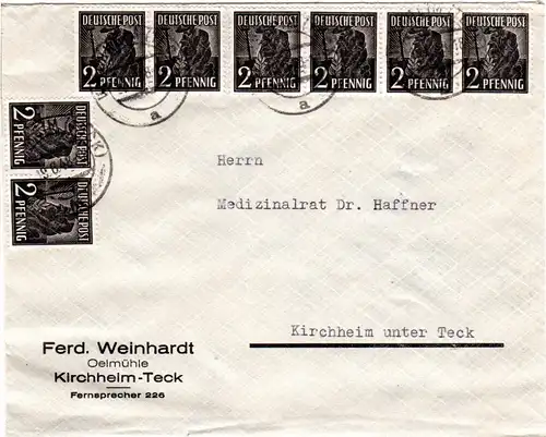 1948, MeF8x2 Pf. auf Orts Brief v. Kirchheim-Teck