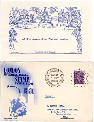 GB 1950 Stamp Exhibition Sonderumschlag m. Einlage v. London n. Norwegen