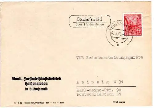 DDR 1960, Landpost Stpl. BISCHOFSWALD über Haldensleben auf Brief m. 20 Pf.