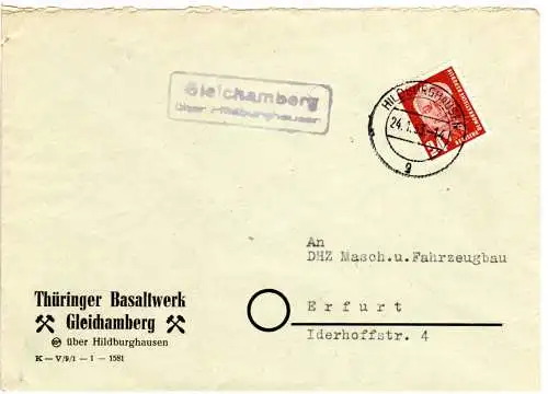 DDR 1953, Landpost Stpl. GLEICHAMBERG über Hildburghausen auf Brief m. 24 Pf.