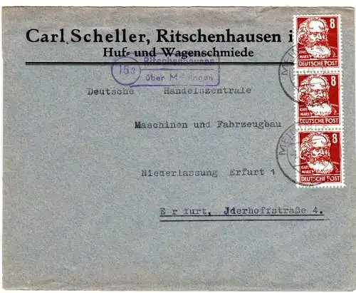 DDR 1953, Landpost Stpl. RITSCHENHAUSEN über Meiningen auf Brief m. 3x8 Pf.