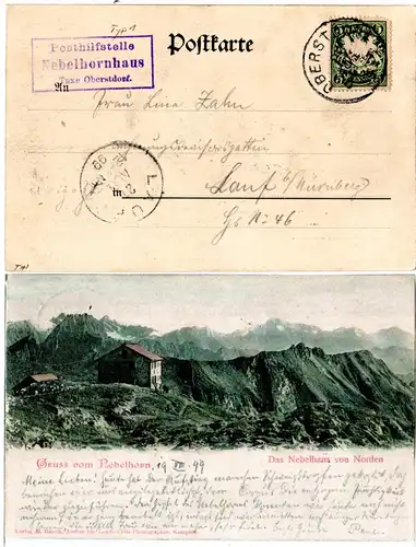 Bayern 1899, Posthilfstelle NEBELHORNHAUS Taxe Oberstdorf auf Farb-AK m. 5 Pf.