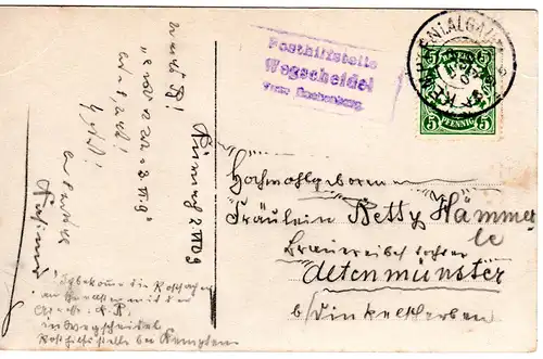 Bayern 1909, Posthilfstelle WEGSCHEIDEL Taxe Buchenberg auf Karte m. 5 Pf. 