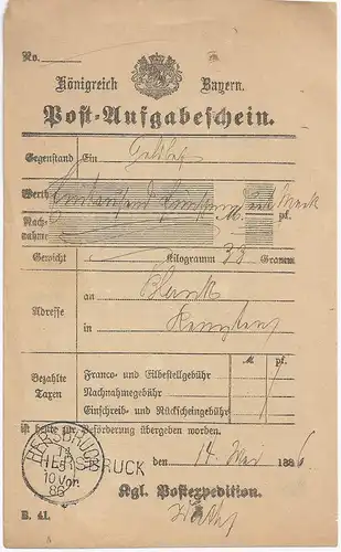 Bayern 1886, L1 u. K1 HERSBRUCK zusammen  auf Postschein. #2069