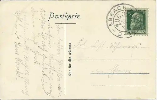 Bayern 1911, Bahnpost K2 Ebrach - Bamberg Zug 32 auf AK m. 5 Pf. #1229