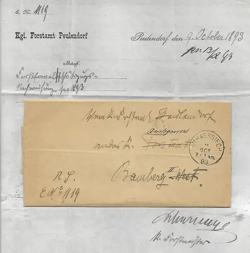 Bayern 1893, K1 Strassgiech auf Brief v. Forstamt Peulendorf n. Bamberg. #643