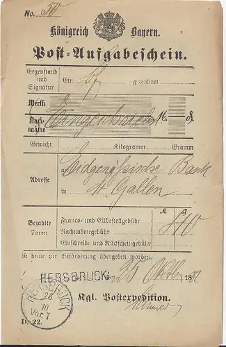 Bayern 1882, Hersbruck, L1 u. K1 zus. auf Postschein f. Einschreiben. #2842