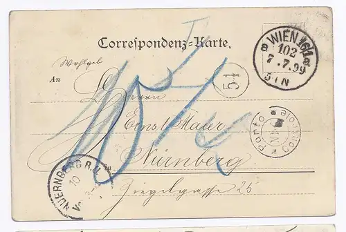 Österreich Bayern 1899, AK v. Döbling/Wien m. Porto Kontrolle Nürnberg. #517