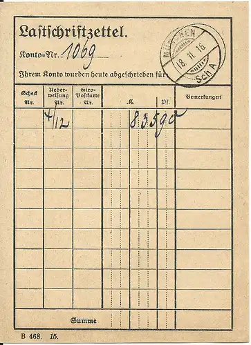 Bayern 1916, Stpl. "München Sch A" auf Postformular Lastschriftzettel