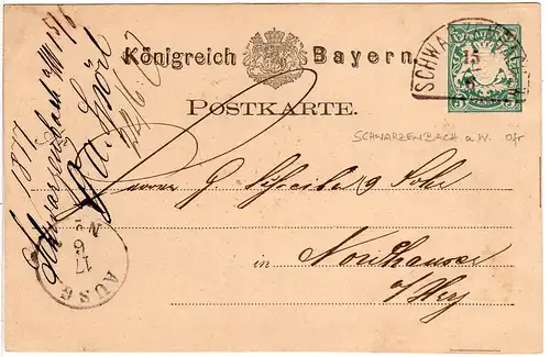 Bayern 1877, HKS SCHWARZENBACH a.W. auf 5 Pf. Ganzsache n. Nordhausen