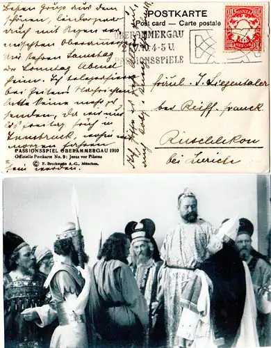 Bayern 1910, Sonderstpl. OBERAMMERGAU PASSIONSSPIELE auf Foto-AK m. 10 Pf.