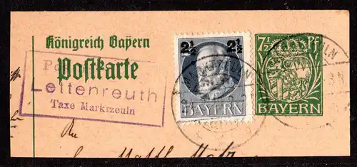 Bayern 1919, Posthilfstelle LETTENREUTH Taxe Marktzeuln auf Ganzsachenteil 