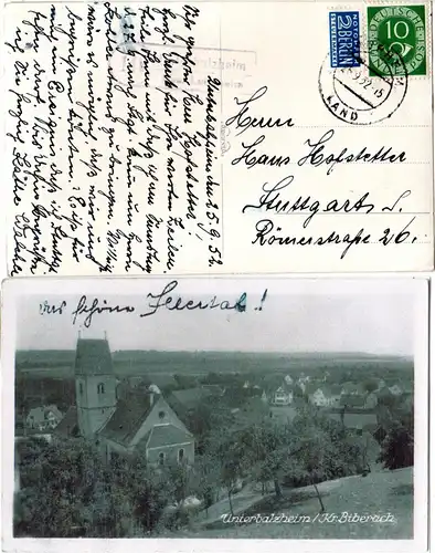 BRD 1952, Landpost Stpl. 14b UNTERBALZHEIM über Laupheim auf AK m. 10 Pf. 