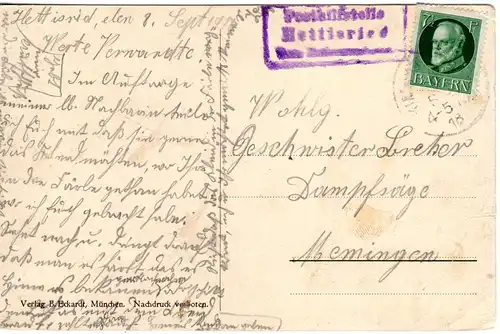 Bayern 1918, Posthilfstelle HETTISRIED Taxe Muthmannshofen auf Karte m. 5 Pf. 