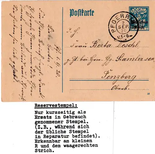 DR 1920, nachverwendeter Bayern-Reservestempel PFOERRING R auf 30 Pf. Ganzsache