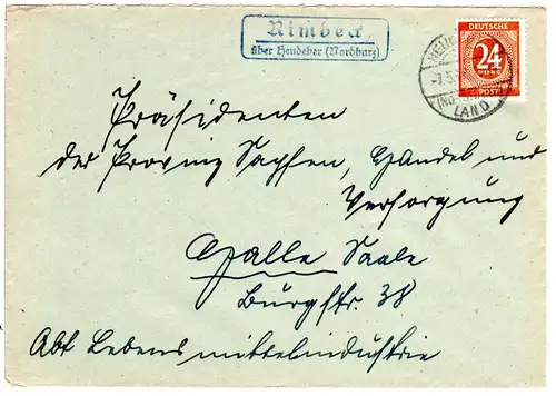 1948, Landpost Stpl. RIMBECK über Heudeber auf Brief m. 24 Pf. 
