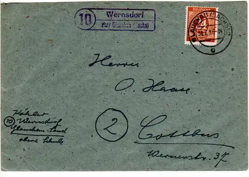 1946, Landpost Stpl. 10 WERNSDORF über Glauchau auf Brief m. 24 Pf. 