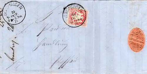 Bayern 1871, K1 BURGHAUSEN m. JZ auf Brief m. 3 Kr. u. rs. Firmenetikett