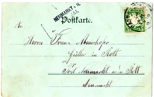 Bayern 1901, Aushilfs-L2 NEUMARKT a.R. als Ank.Stpl. auf Litho-AK v. Passau 