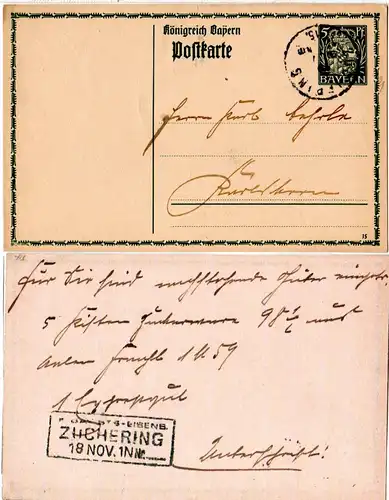 Bayern 1915, R3 K. BAY. STS.-EISENB. ZUCHERING rücks. auf Ganzsache n. Karlskron