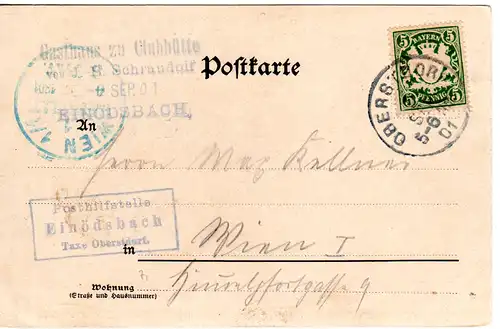 Bayern 1901, Posthilfstelle EINÖDSBACH Taxe Oberstdorf auf AK m. 5 Pf. n. Wien.