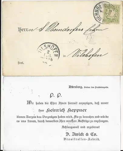 Bayern 1888, 3 Pf. A-Zähnung auf  AVIS Karte v. Nürnberg n. Vilshofen. #2828