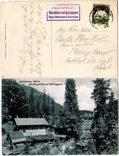 Bayern 1908, Wurzhütte am SPITZINGSEE Taxe Neuhaus b. Schliersee auf AK m. 5 Pf 