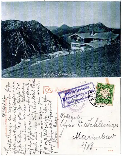 Bayern 1907, Posthilfstelle HIRSCHBERGHAUS Taxe Kreuth Dorf auf sw-AK m. 5 Pf