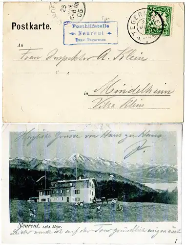 Bayern 1905, Posthilfstelle NEUREUT Taxe TEGERNSEE auf sw-AK m. 5 Pf