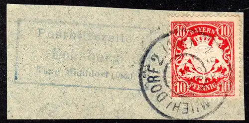 Bayern 1903, Posthilfstelle ECKSBERG Taxe Mühldorf auf Briefstück m. 10 Pf.