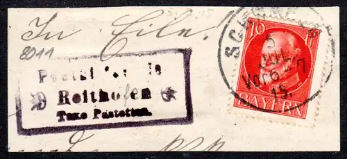 Bayern 1915, Posthilfstelle REITHOFEN Taxe Pastetten auf Briefstück m. 10 Pf.