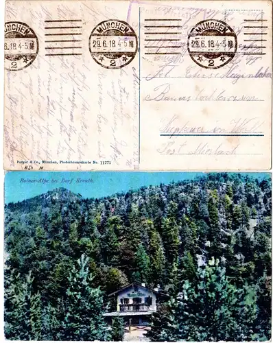 Bayern 1918, Posthilfstelle WALL Taxe Miesbach, Ank.Stpl. auf Feldpost Farb-AK 