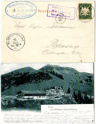 Bayern 1900, Posthilfstelle WALLBERG Taxe Rottach-Egern auf AK m. 5 Pf