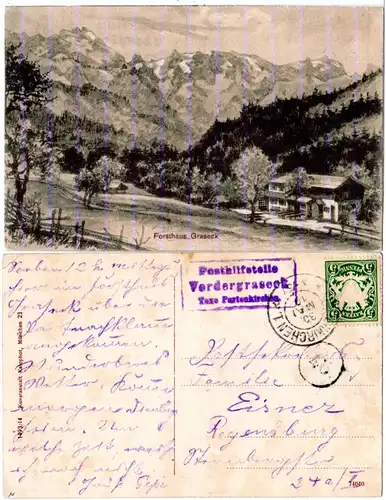 Bayern 1910, Posthilfstelle VORDERGRASECK Taxe Partenkirchen auf sw-AK m. 5 Pf.