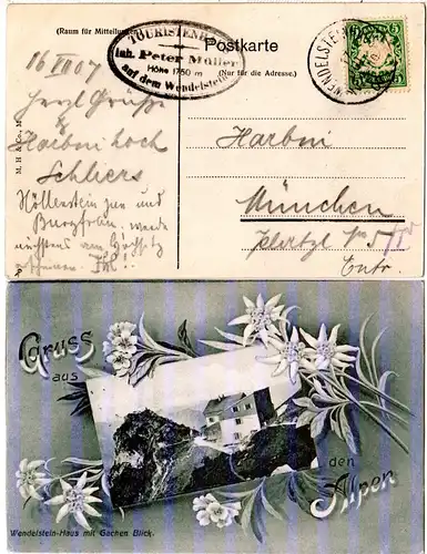 Gruss aus den Alpen m.  WENDELSTEINHAUS u. Edelweiss, 1907 gebr. sw-AK