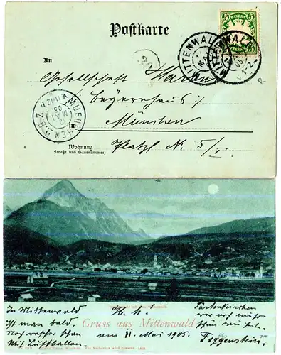 Bayern 1905, Reservestempel MITTENWALD R auf Mondschein Litho-AK.