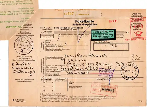 BRD 1971, Paketkarte v. Hannover 2 m. Schweden Porto-Etikett u. -Formular