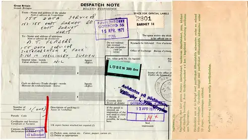 GB 1971, Paketkarte v. New Barnet m. Schweden Porto-Etikett u. -Formular
