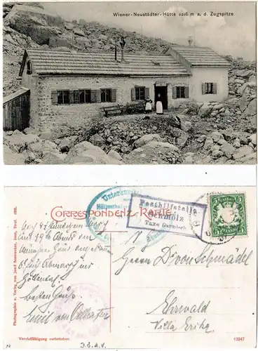 Bayern 1907, Posthilfstelle SCHMÖLZ T. Garmisch auf Wiener-Neustädter Hütte AK 